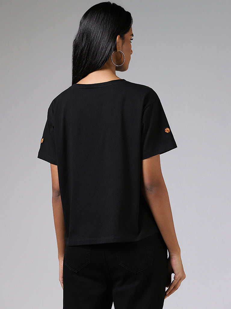 LOV Black Floral Embroidered Top