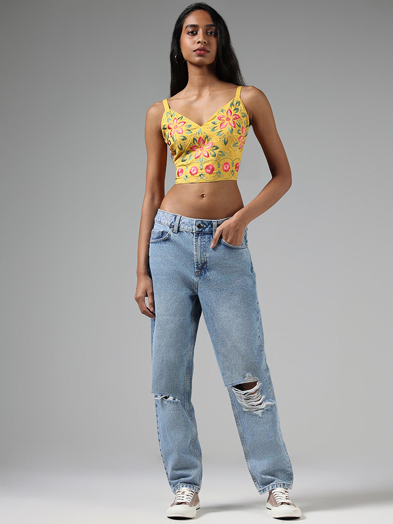 Bombay Paisley Mustard Yellow Floral Embroidered Blended Linen Crop Top