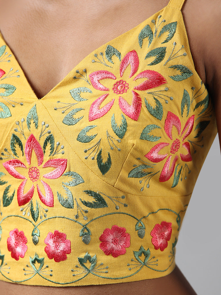 Bombay Paisley Mustard Yellow Floral Embroidered Blended Linen Crop Top