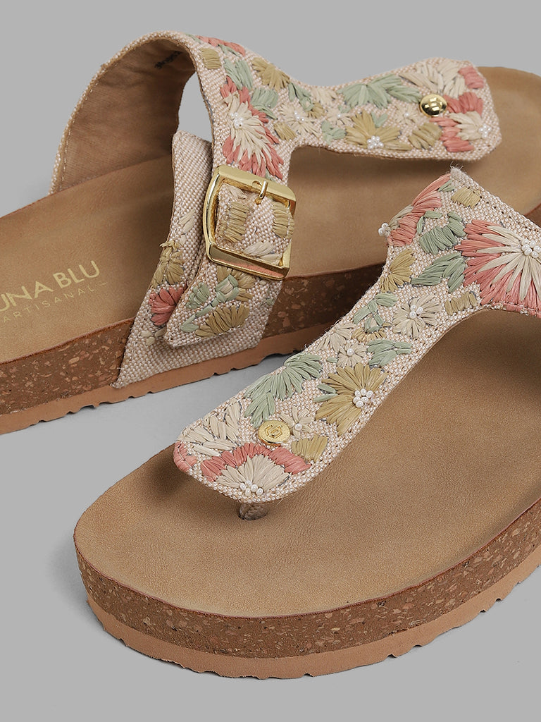 LUNA BLU Multicolor T-Bar Embroidered Comfort Slip On Sandals