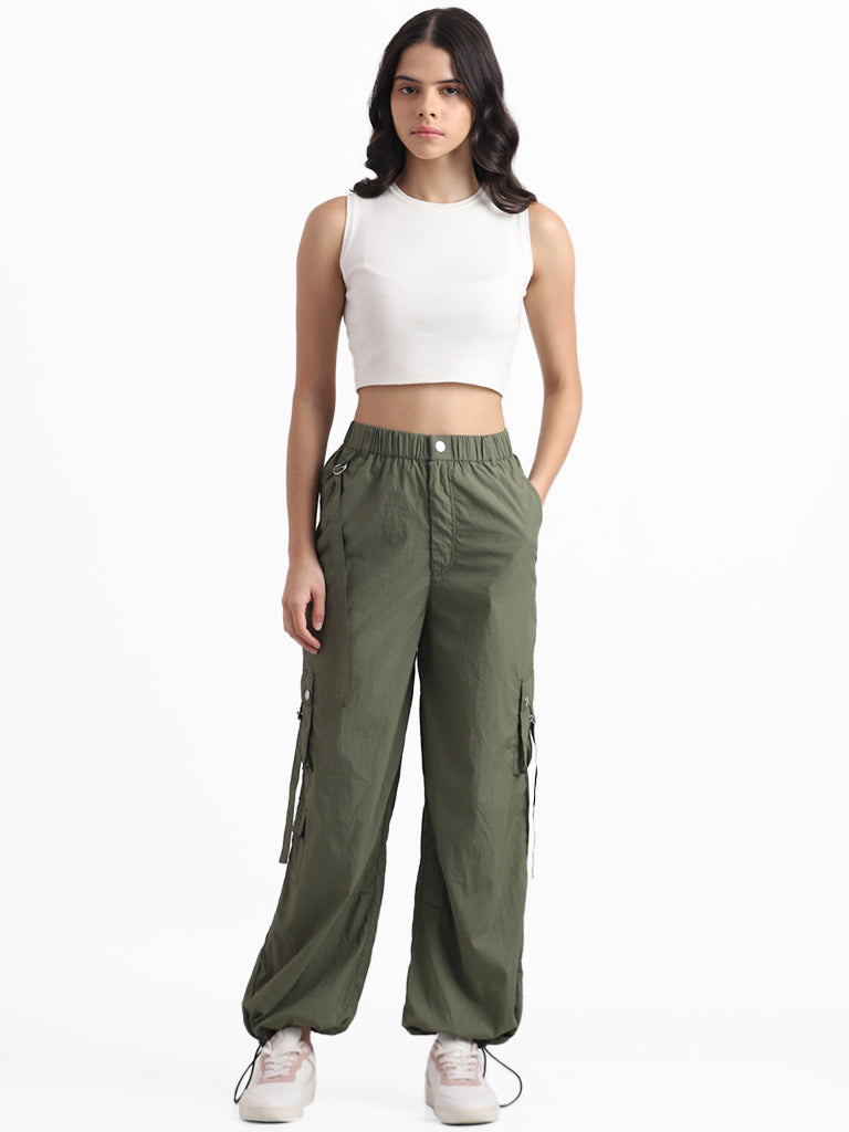 Buy Nuon Olive Relaxed Fit Full Length Cargo Trousers from Westside