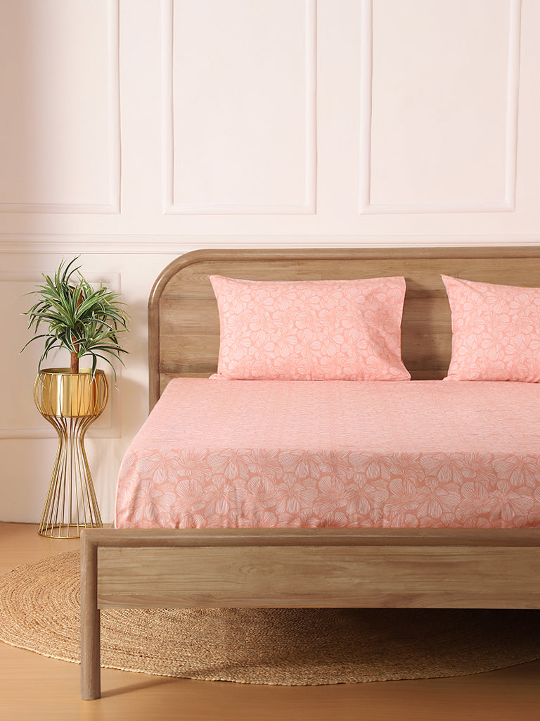 Buy Westside Home Woodcut Floral Printed Coral King Bed Flat sheet and