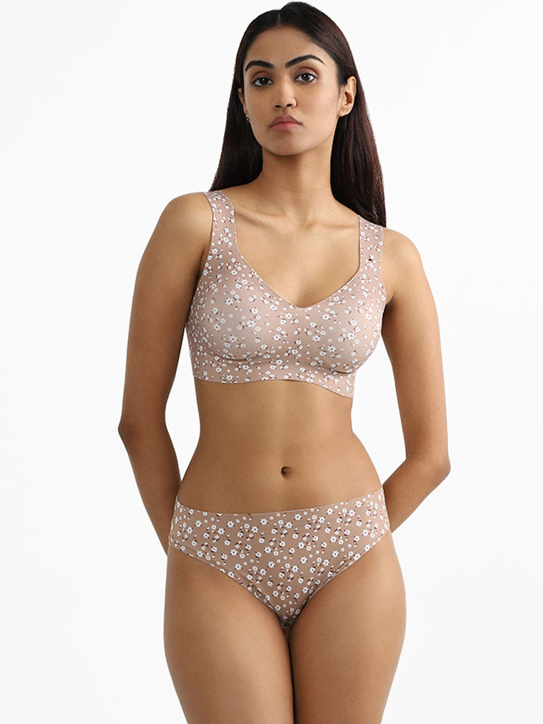 Wunderlove Light Taupe Floral Printed Brief
