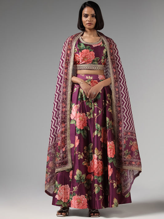 Vark Purple Floral Printed Choli, Skirt & Dupatta Set