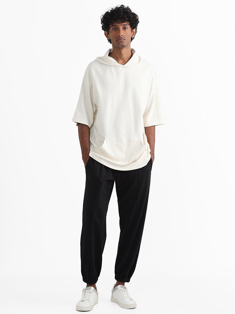 Studiofit Off White Cotton Relaxed Fit Hoodie Sweatshirt