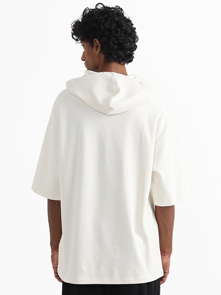 Studiofit Off White Cotton Relaxed Fit Hoodie Sweatshirt