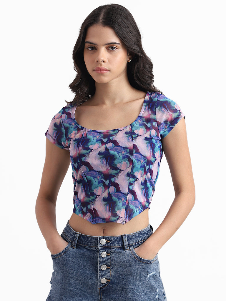 Buy Nuon Purple Multicolour Printed Slim Fit Mesh Crop Top from