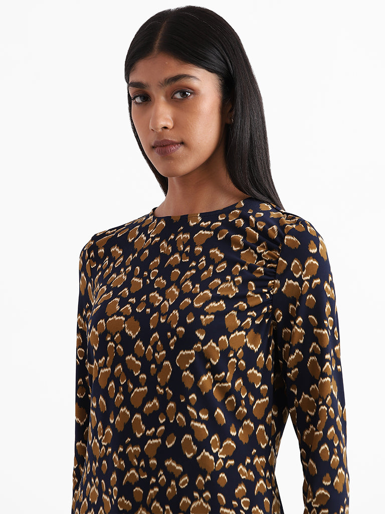 Wardrobe Cheetah Printed Navy Blue Top