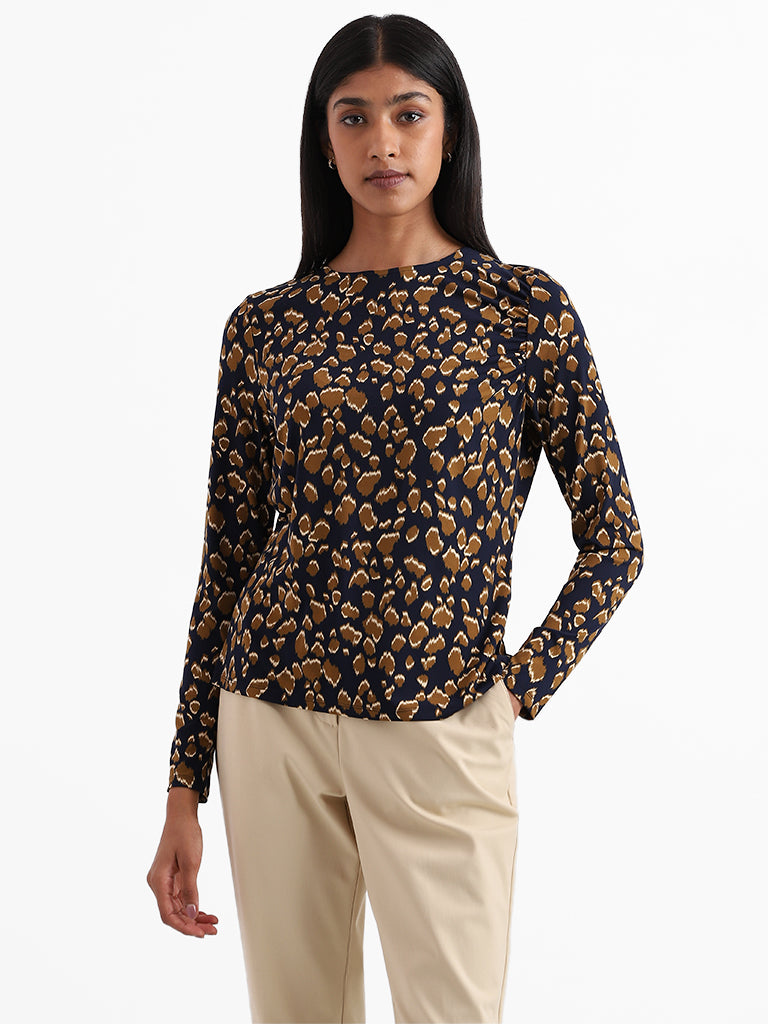 Wardrobe Cheetah Printed Navy Blue Top
