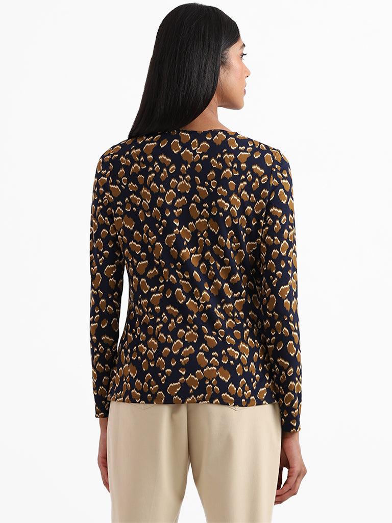 Wardrobe Cheetah Printed Navy Blue Top