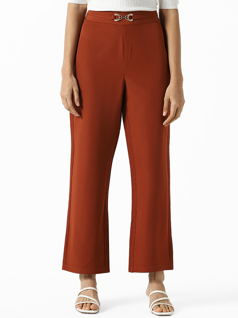 Wardrobe Solid Brown Pants with Belt Detail