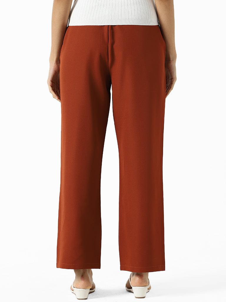 Wardrobe Solid Brown Pants with Belt Detail