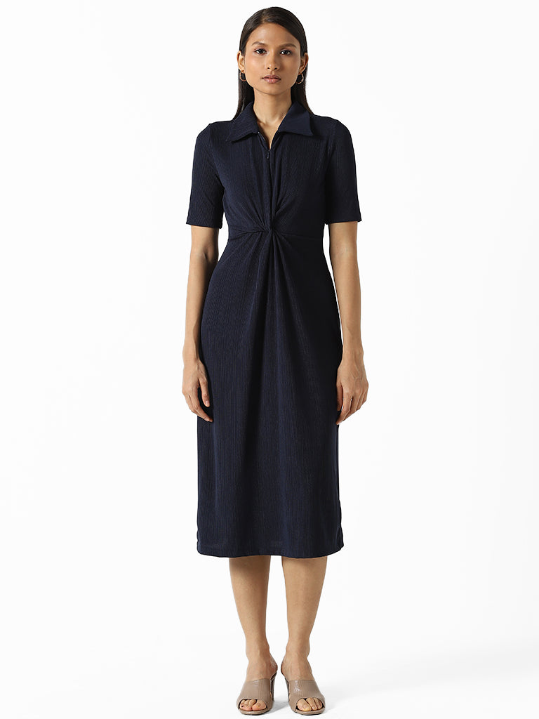 Wardrobe Solid Navy Knotted Dress