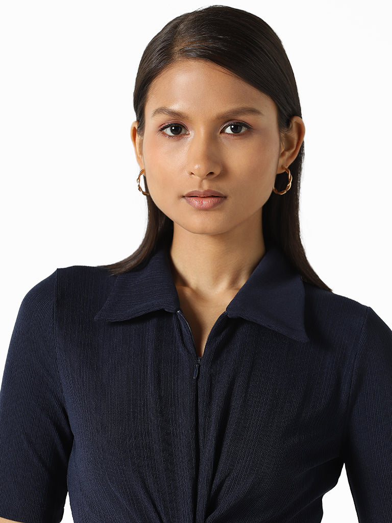 Wardrobe Solid Navy Knotted Dress