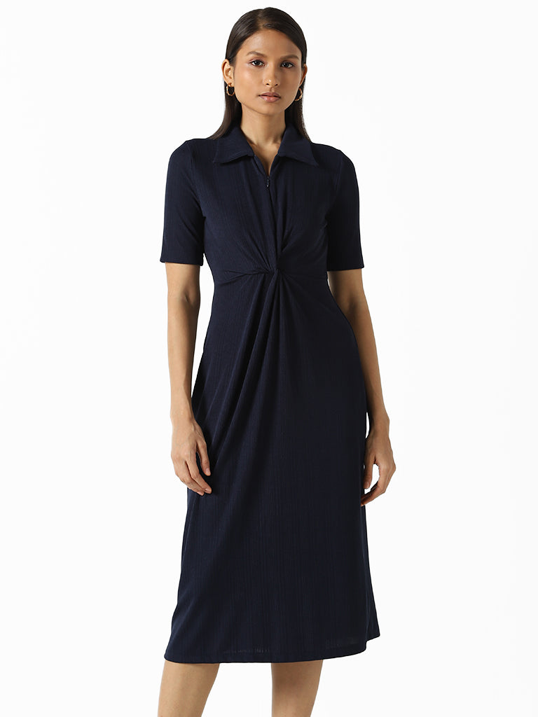 Wardrobe Solid Navy Knotted Dress