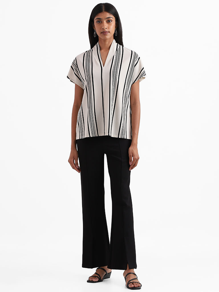 Wardrobe Striped V Neck Off White Top