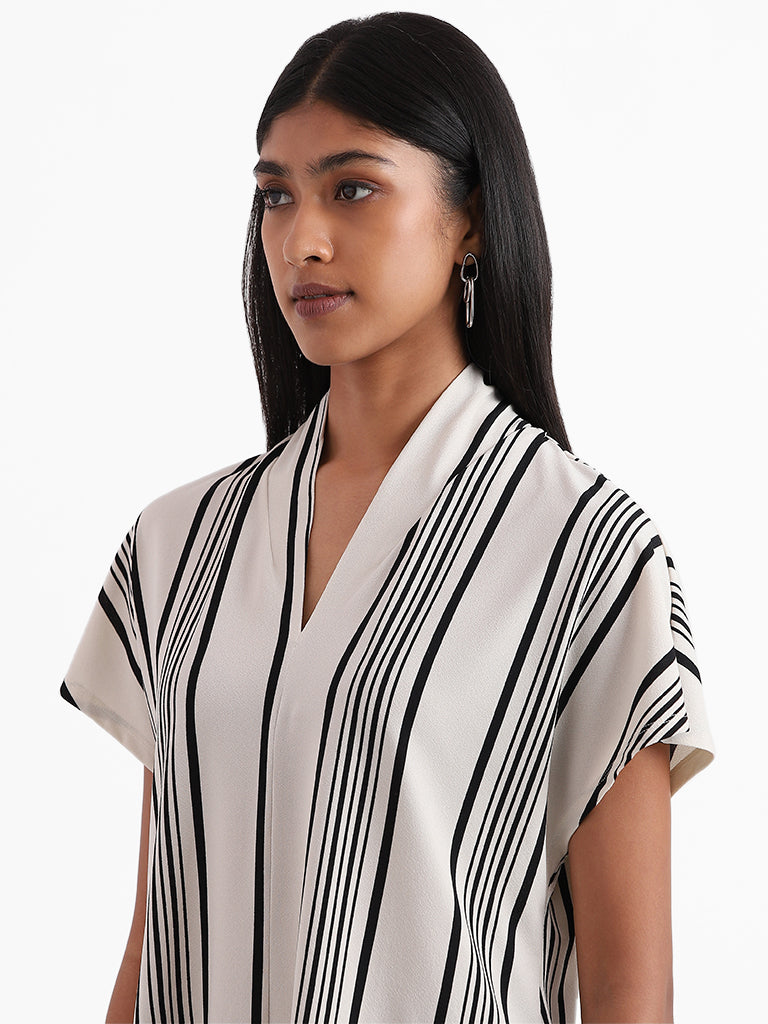 Wardrobe Striped V Neck Off White Top