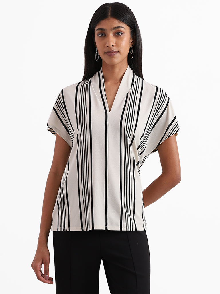 Wardrobe Striped V Neck Off White Top