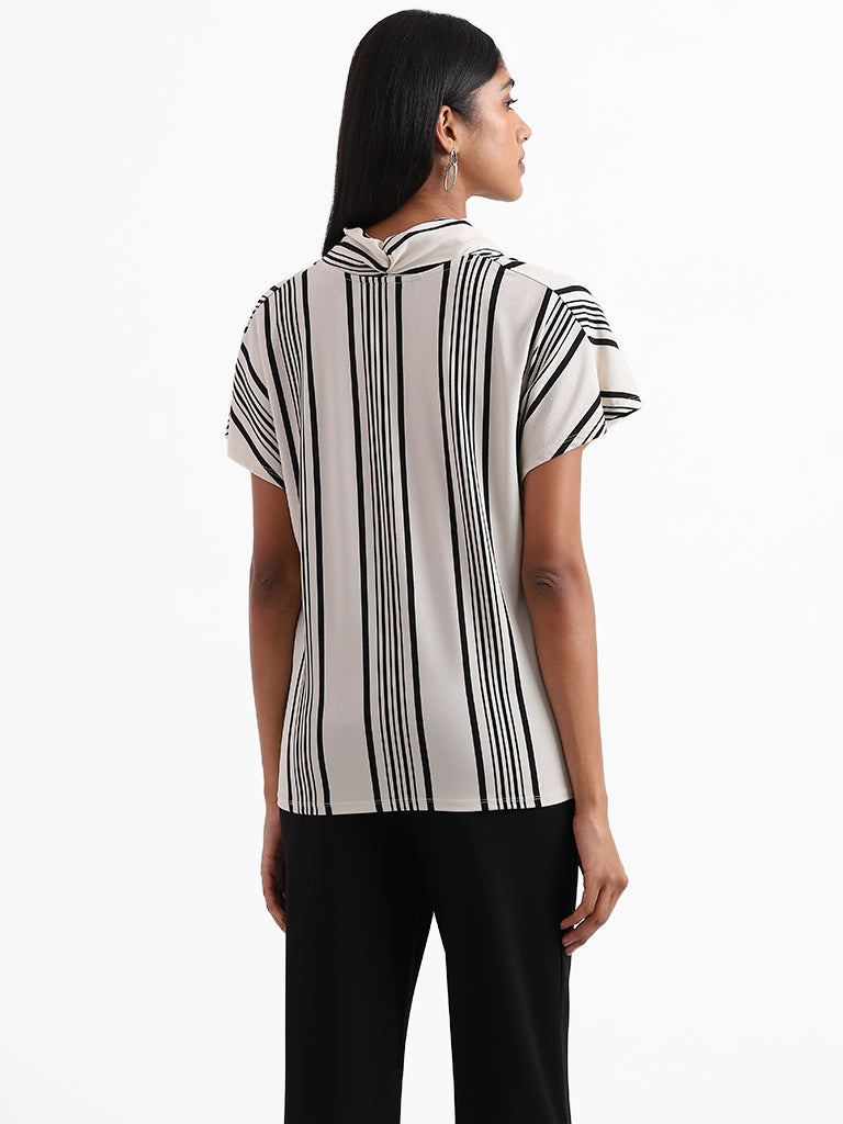 Wardrobe Striped V Neck Off White Top