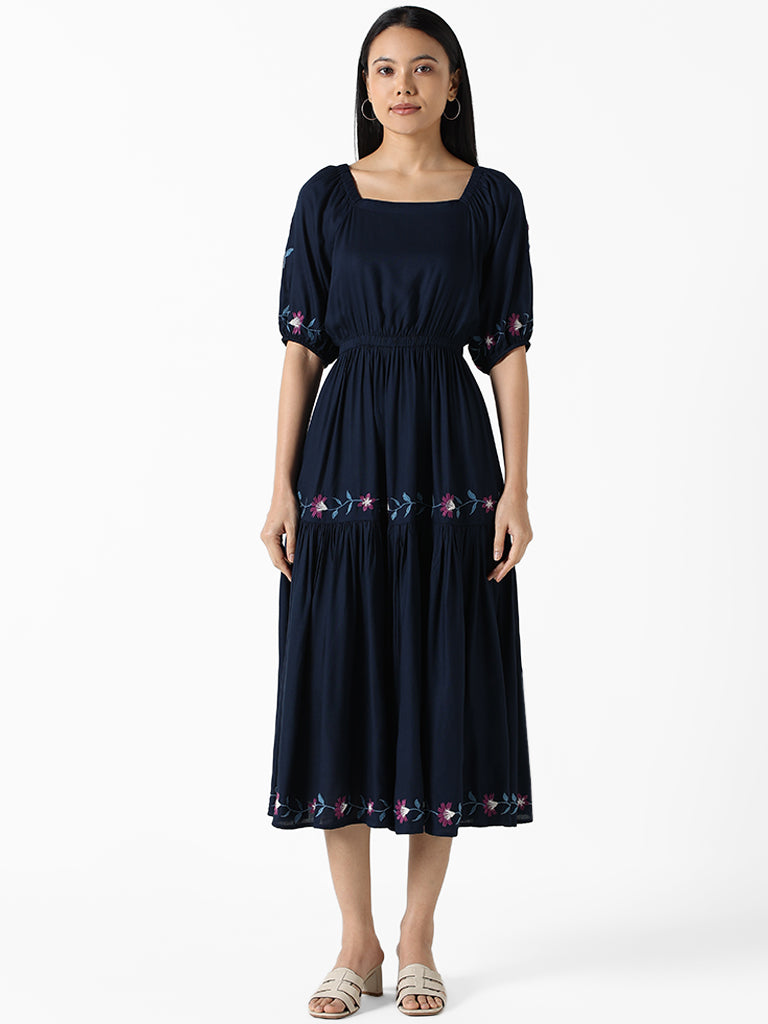 LOV Navy Blue Embroidered Floral Jerrina Dress
