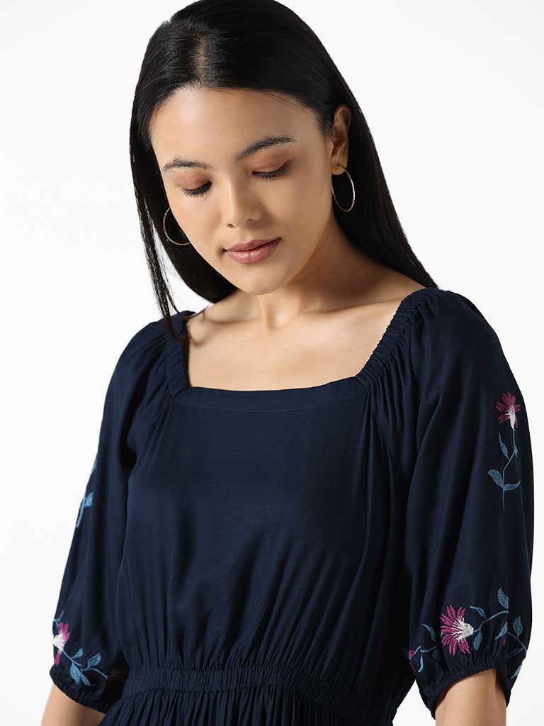 LOV Navy Blue Embroidered Floral Jerrina Dress