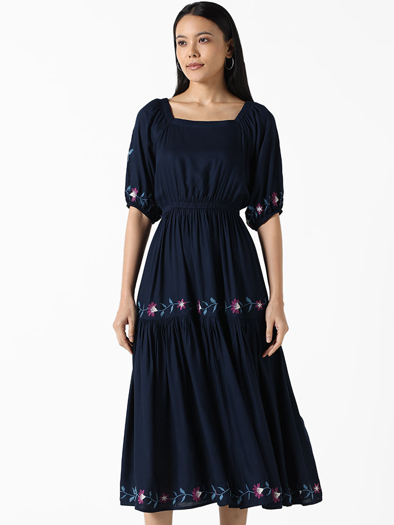 LOV Navy Blue Embroidered Floral Jerrina Dress