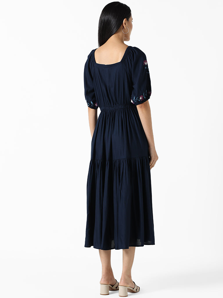 LOV Navy Blue Embroidered Floral Jerrina Dress
