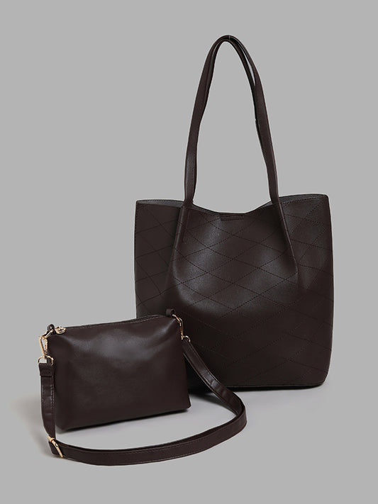 LOV Brown Leather Tote Bag with Sling Bag