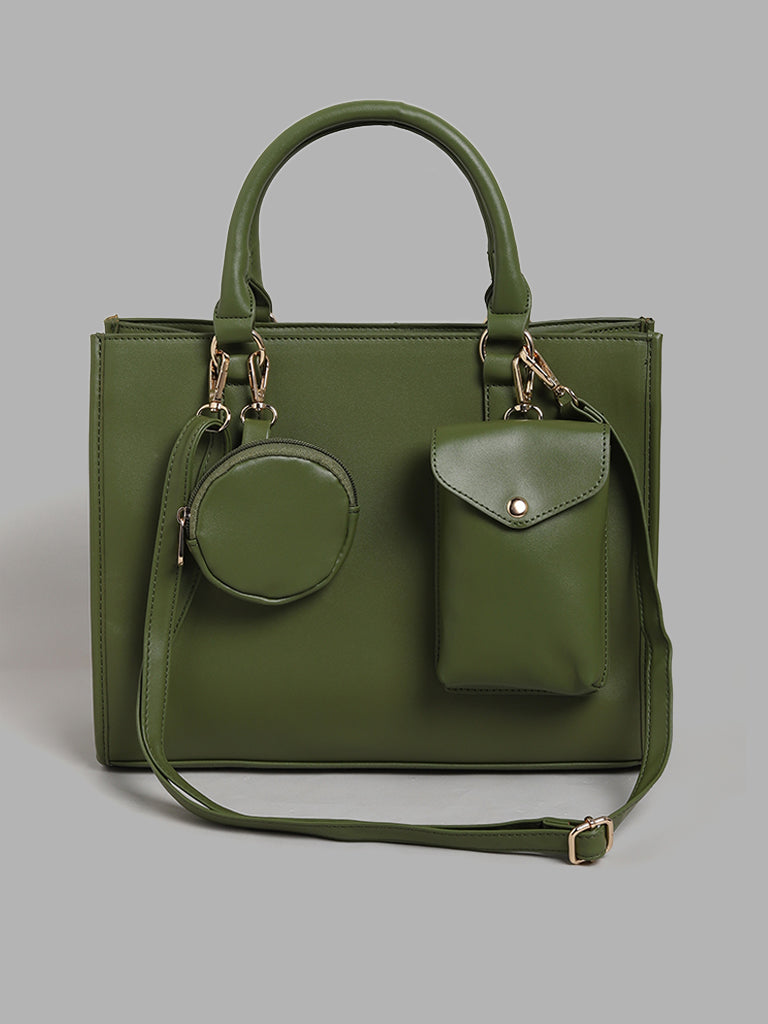 LOV Plain Olive Green Satchel Bag with Phone Bag & Pouch