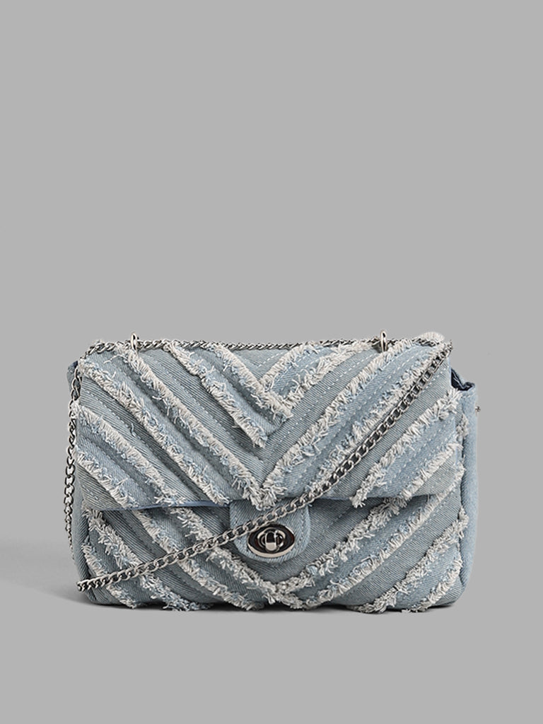 Buy LOV Denim Striped Fringe Accent Sling Bag from Westside