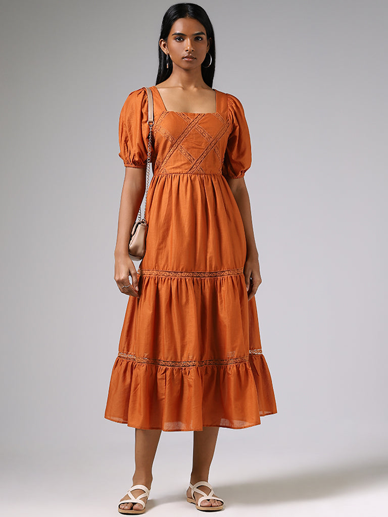 LOV Tangerine Lace Insert Tiered Dress