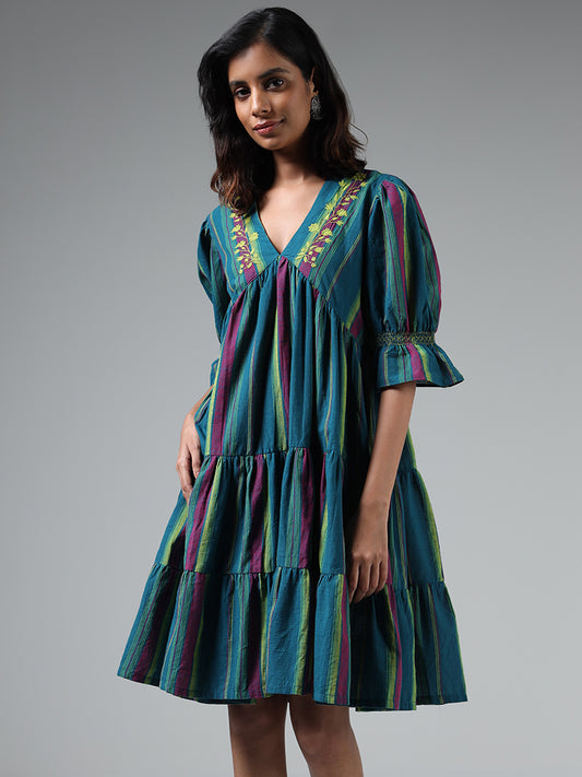 Bombay Paisley Teal Floral Embroidered Cotton Tiered Dress