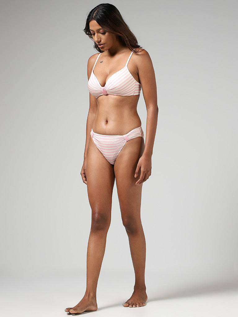 Buy Wunderlove Light Pink Candy Striped Satin Pleated Bra from Westside