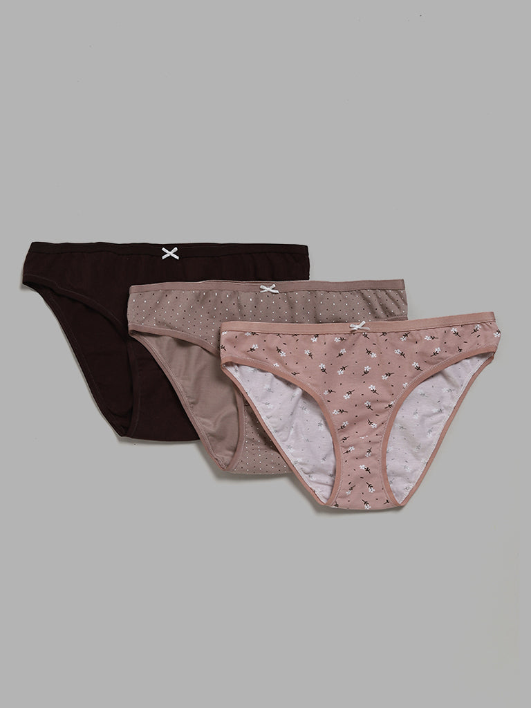 Wunderlove Light Taupe Floral Printed Bikini Briefs - Pack of 3
