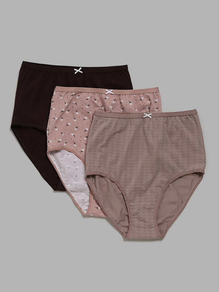 Wunderlove Floral Printed Light Taupe Full Briefs - Pack of 3