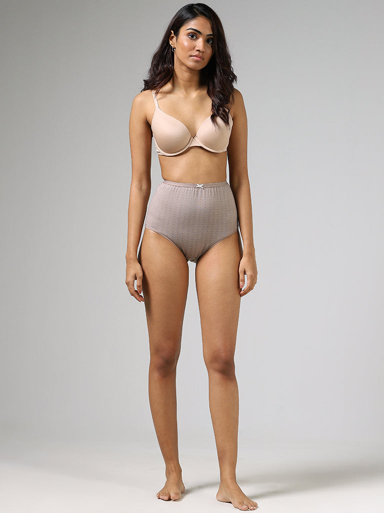 Wunderlove Floral Printed Light Taupe Full Briefs - Pack of 3