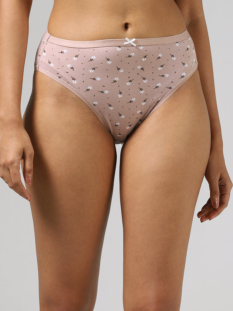 Wunderlove Floral Printed Light Taupe High-Leg Briefs - Pack of 3