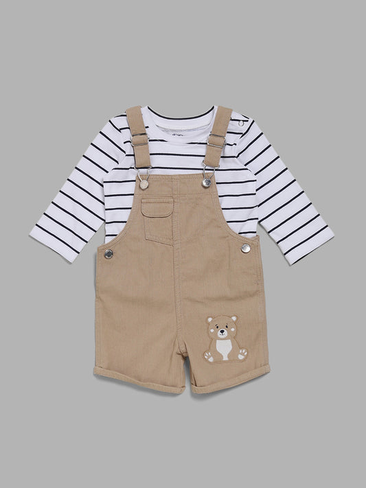 HOP Baby White Striped T-Shirt & Tan Brown Dungaree Set