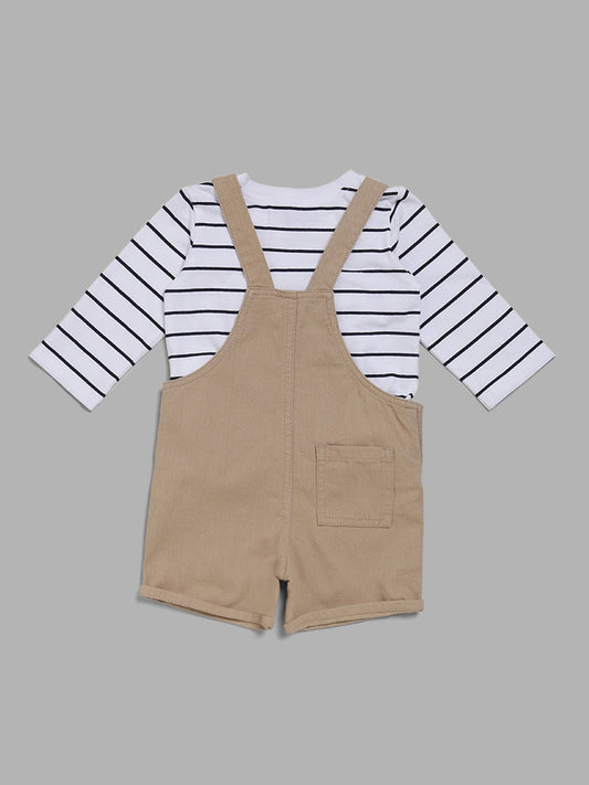 HOP Baby White Striped T-Shirt & Tan Brown Dungaree Set