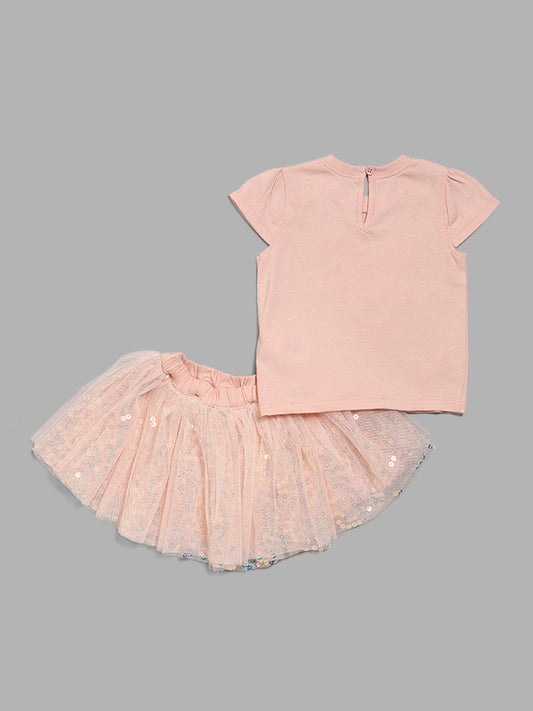 HOP Baby Peach Butterfly Printed T-Shirt & Mesh Skirt Set
