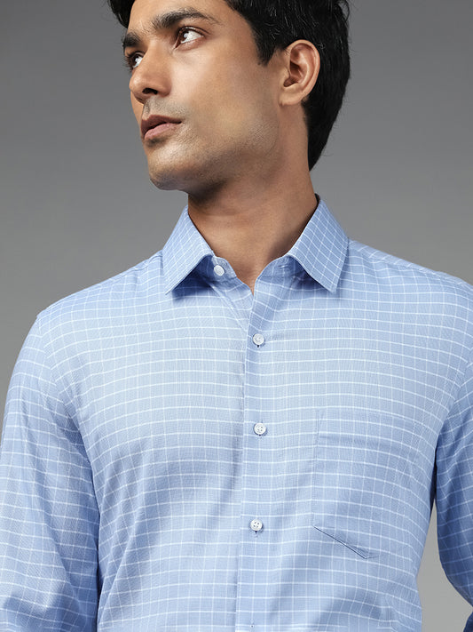 WES Formals Checked Blue Cotton Slim Fit Shirt