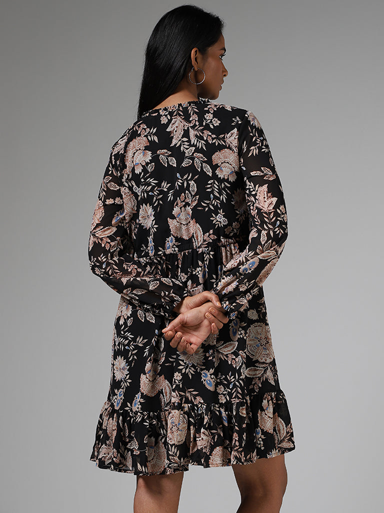 LOV Black Floral Printed Tiered Dress