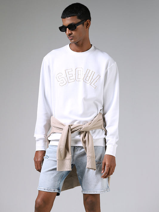 Nuon Seoul Printed White Cotton Relaxed Fit Sweatshirt