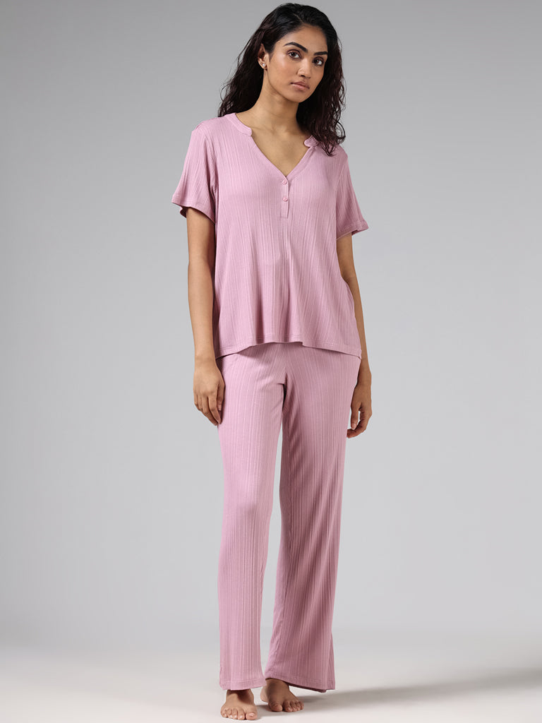 Buy Wunderlove Pink Self Striped Pyjamas from Westside