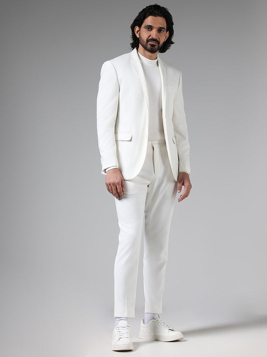 WES Formals Solid Off White Slim Tapered Fit Trousers