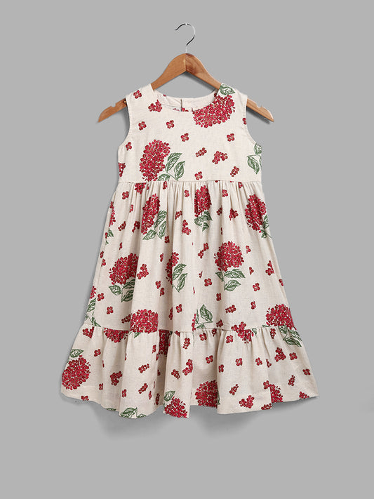 Utsa Kids Floral Printed A-Line Cream Dress (8 -14yrs)