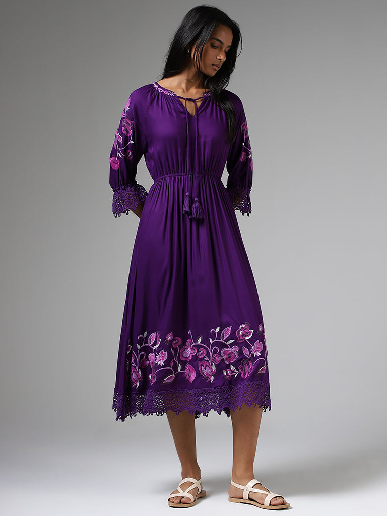 LOV Purple Floral Embroidered Lace Insert Dress