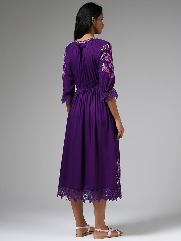 LOV Purple Floral Embroidered Lace Insert Dress