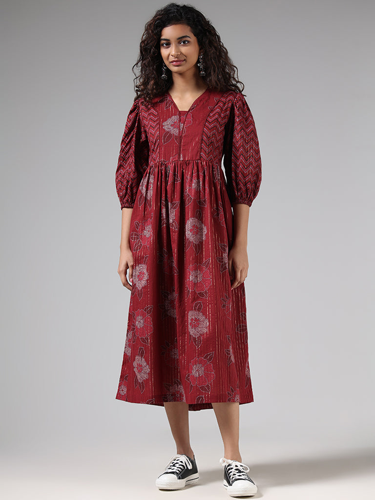 Bombay Paisley Maroon Floral Printed Cotton Blend Tiered Dress