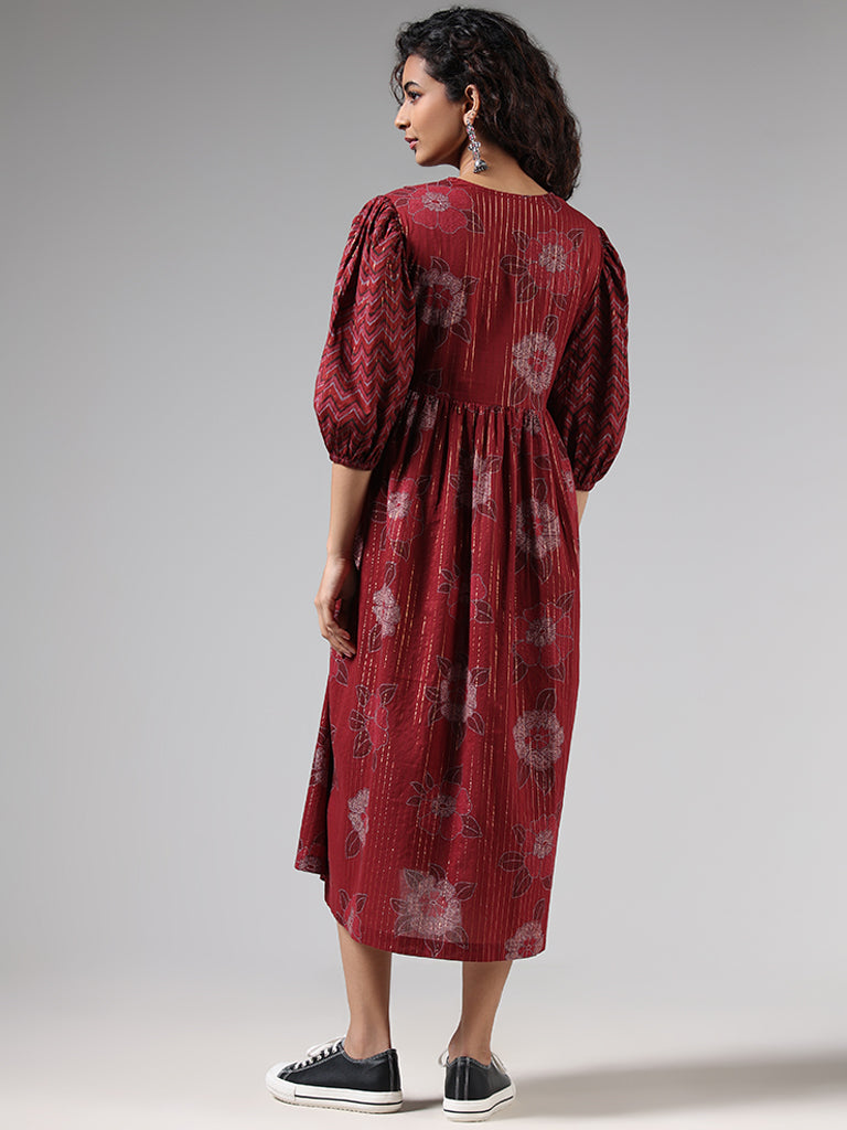 Bombay Paisley Maroon Floral Printed Cotton Blend Tiered Dress